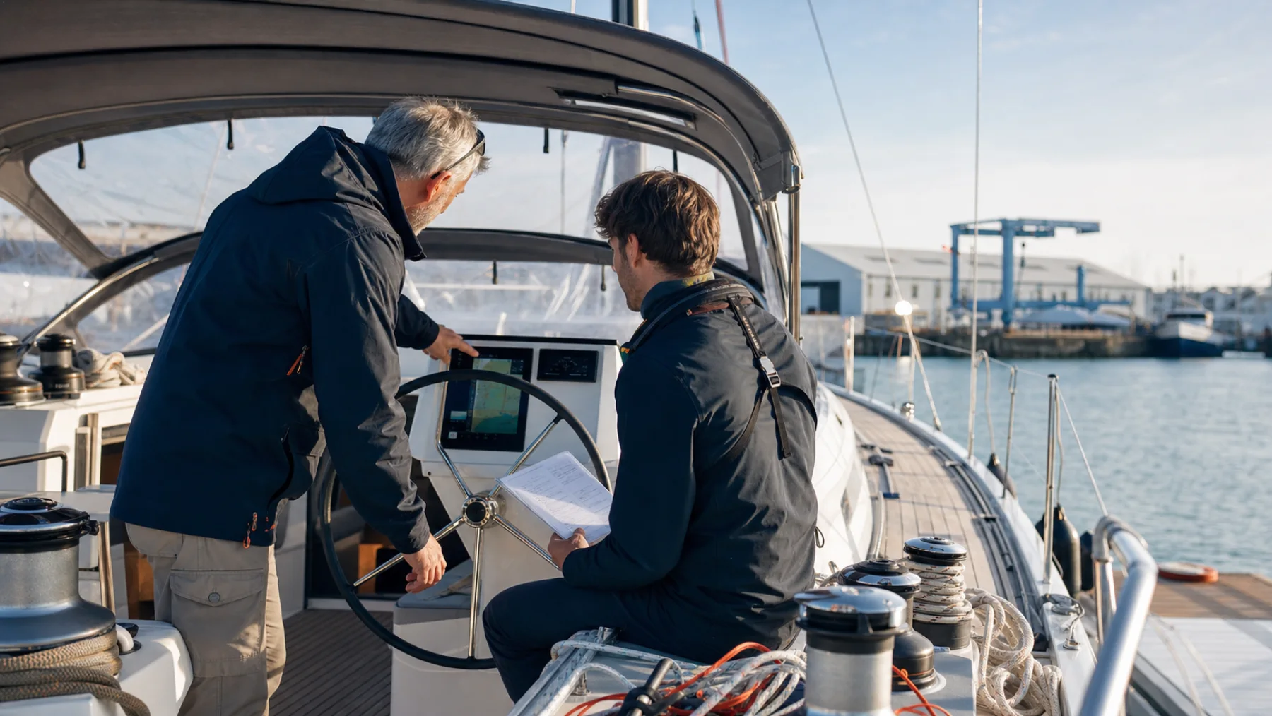 Advisor and owner checking a new yacht's systems